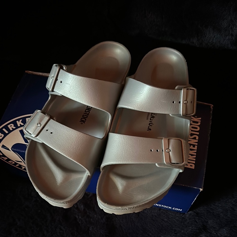 Birkenstock Arizona Eva Sandals Size US 10 EU 41 Silver Double Buckle Slides